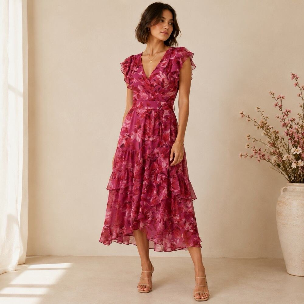 Chelsea 28 Flutter Sleeve Faux Wrap Ruffle Midi Dress Red Floral Romantic XS